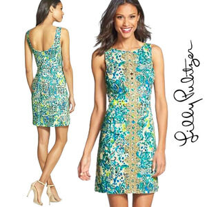 Lilly Pulitzer Ember Sea Oat Escapades Shift Dress w/Gold Appliqué, 00